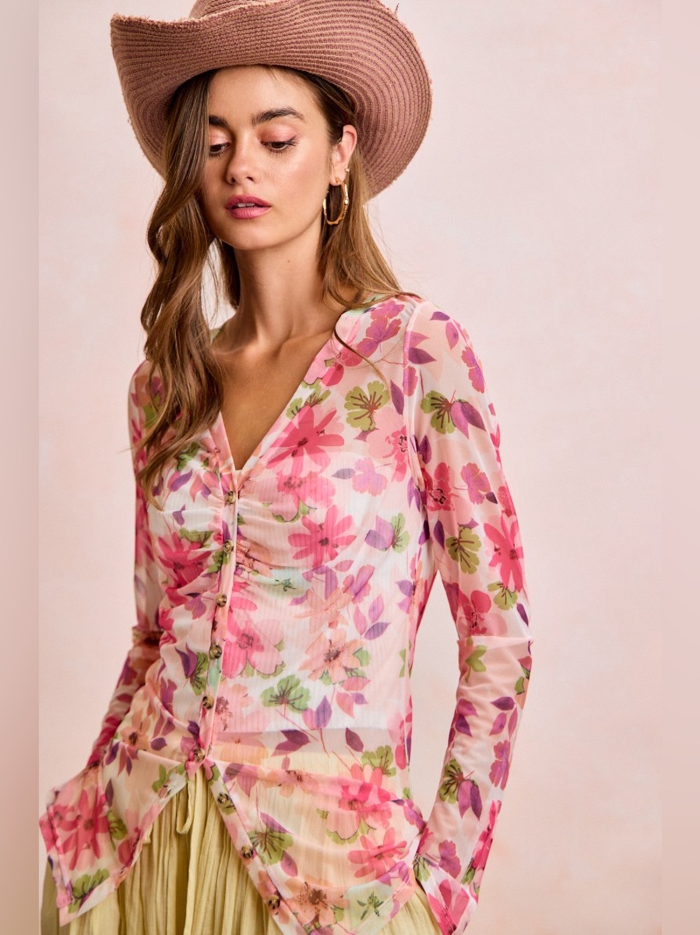 BiBi Floral Shrried Detail Button Up Mesh Cardigan Top